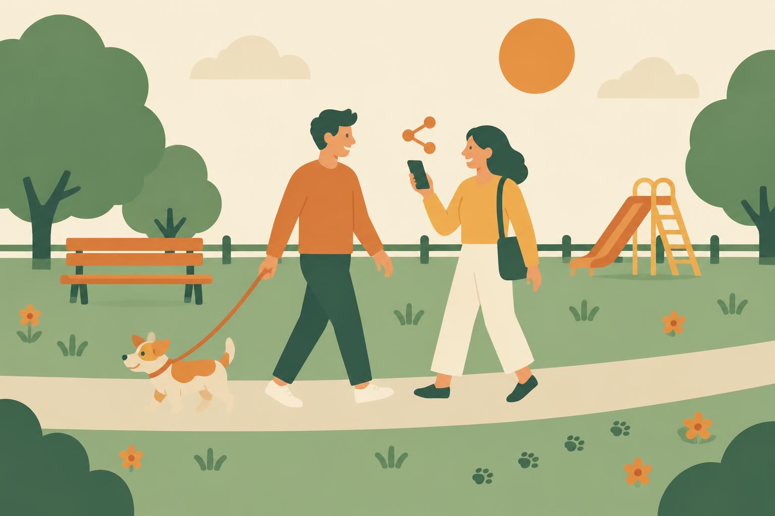 Ilustração de duas pessoas num parque: uma passeia um cão à trela e a outra partilha a petição no telemóvel
